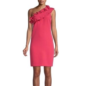 NWT Trina Turk Pink Ruffle Sheath Asymmetrical Cocktail Short Dress Size 4